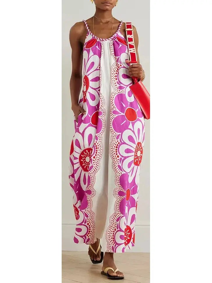 Floral Print Linen and Cotton Long Sleeveless Jumpsuit - Suits & Sets