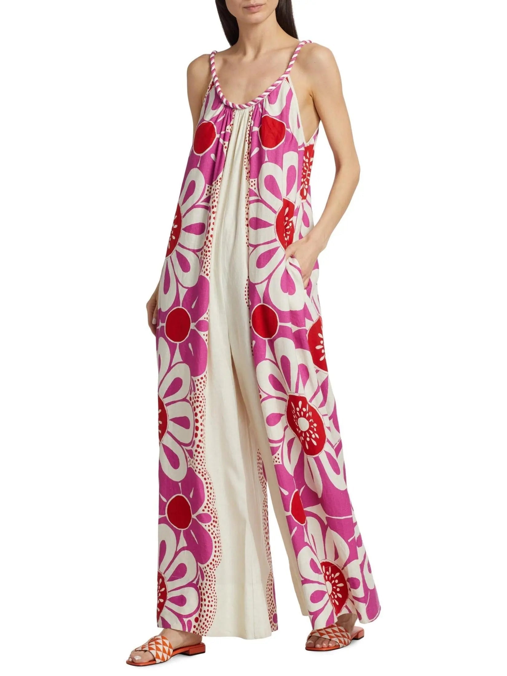 Floral Print Linen and Cotton Long Sleeveless Jumpsuit - Suits & Sets