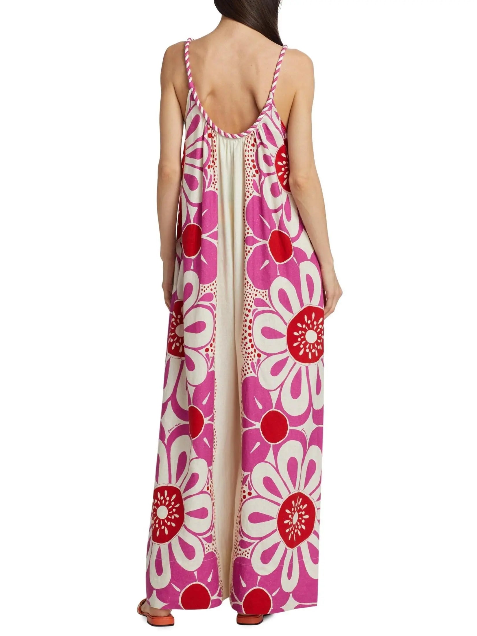 Floral Print Linen and Cotton Long Sleeveless Jumpsuit - Suits & Sets