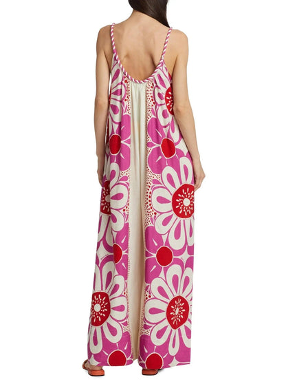 Floral Print Linen and Cotton Long Sleeveless Jumpsuit - Suits & Sets