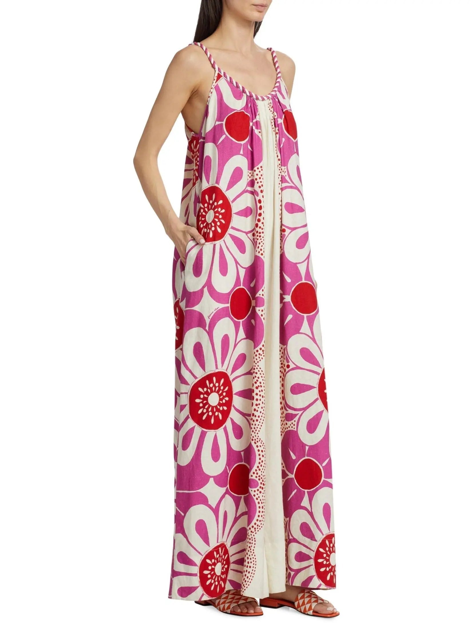 Floral Print Linen and Cotton Long Sleeveless Jumpsuit - Suits & Sets