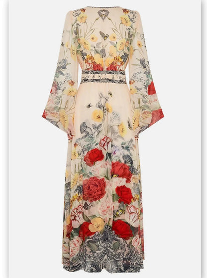 Floral-Print Long Flared Maxi Dress with Plunge V-Neck - Dresses