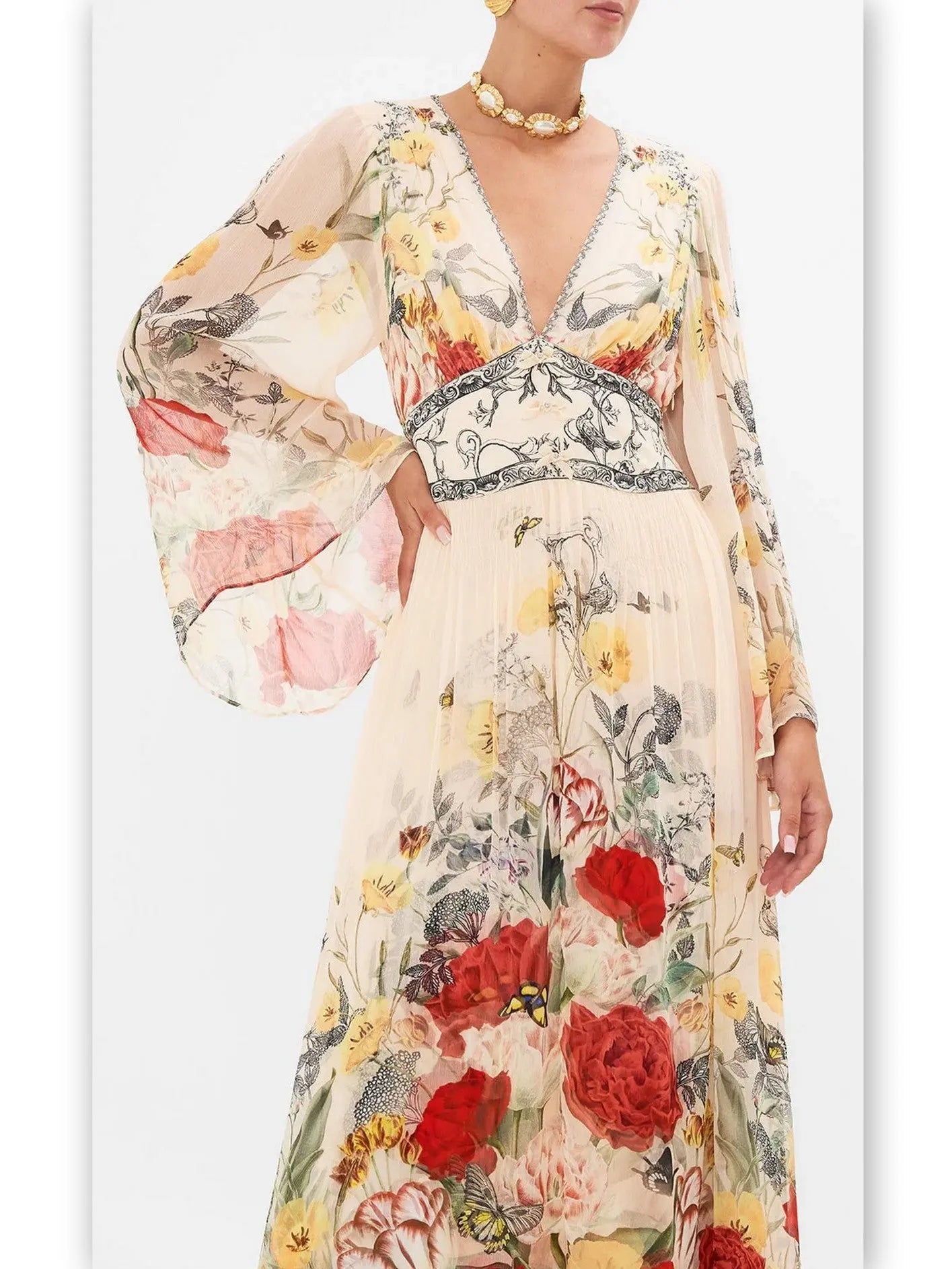 Floral-Print Long Flared Maxi Dress with Plunge V-Neck - Dresses