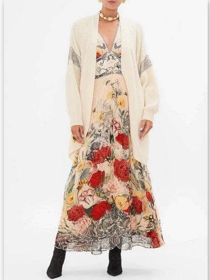 Floral-Print Long Flared Maxi Dress with Plunge V-Neck - Dresses