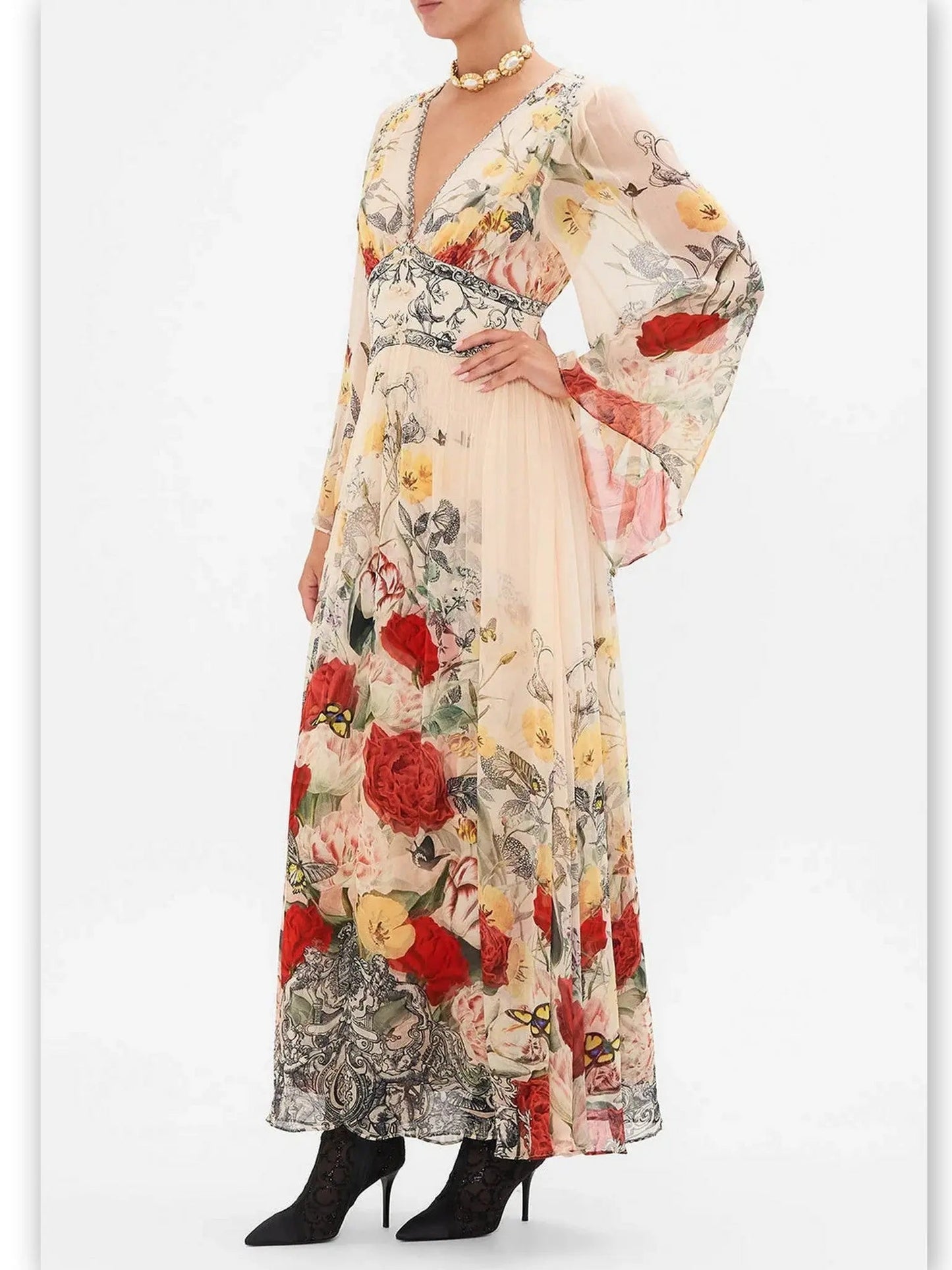 Floral-Print Long Flared Maxi Dress with Plunge V-Neck - Dresses