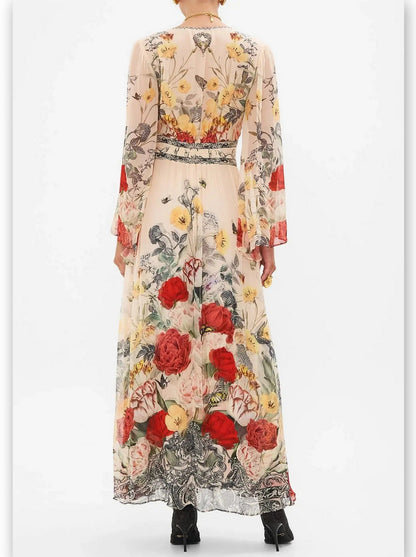 Floral-Print Long Flared Maxi Dress with Plunge V-Neck - Dresses