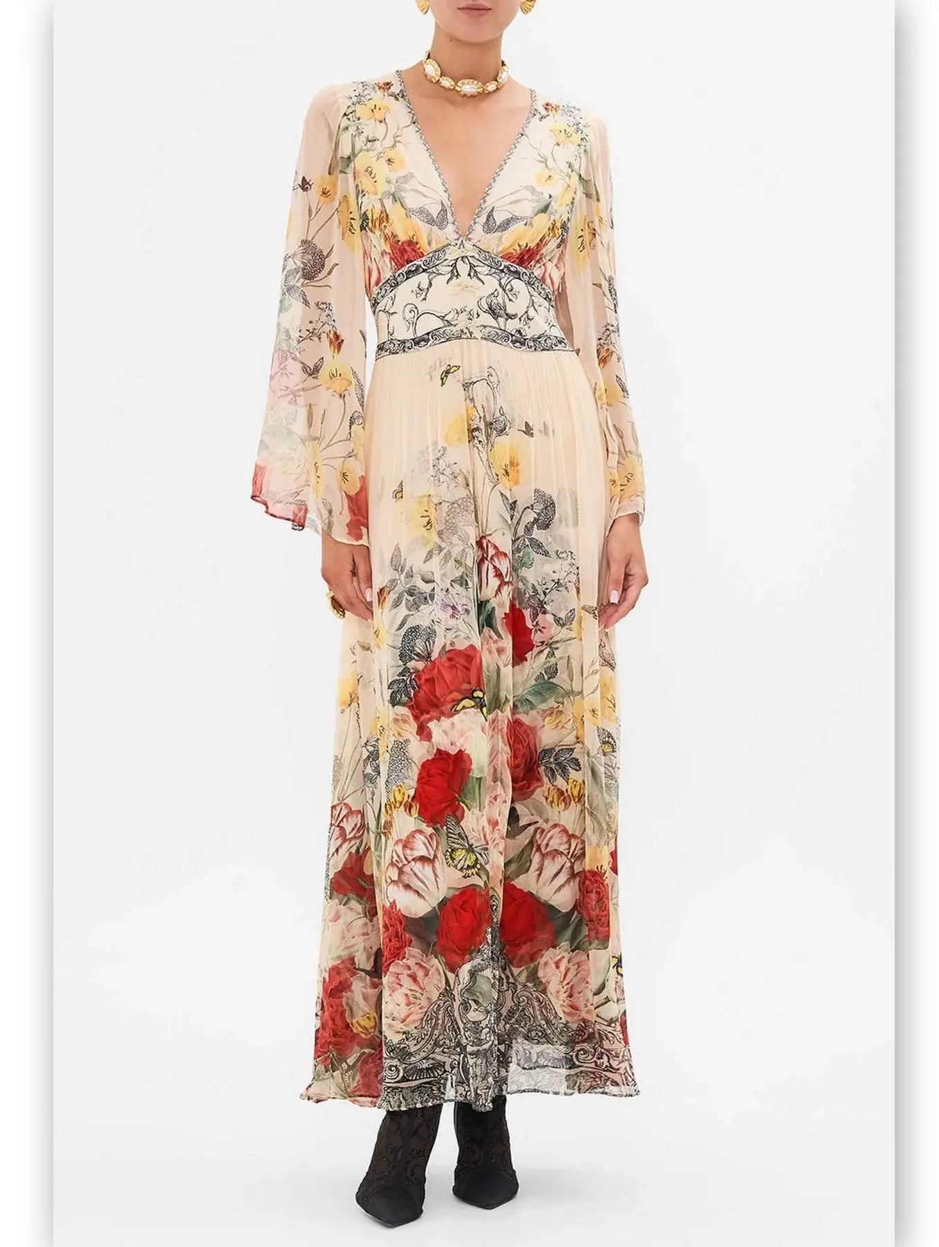 Floral-Print Long Flared Maxi Dress with Plunge V-Neck - Dresses