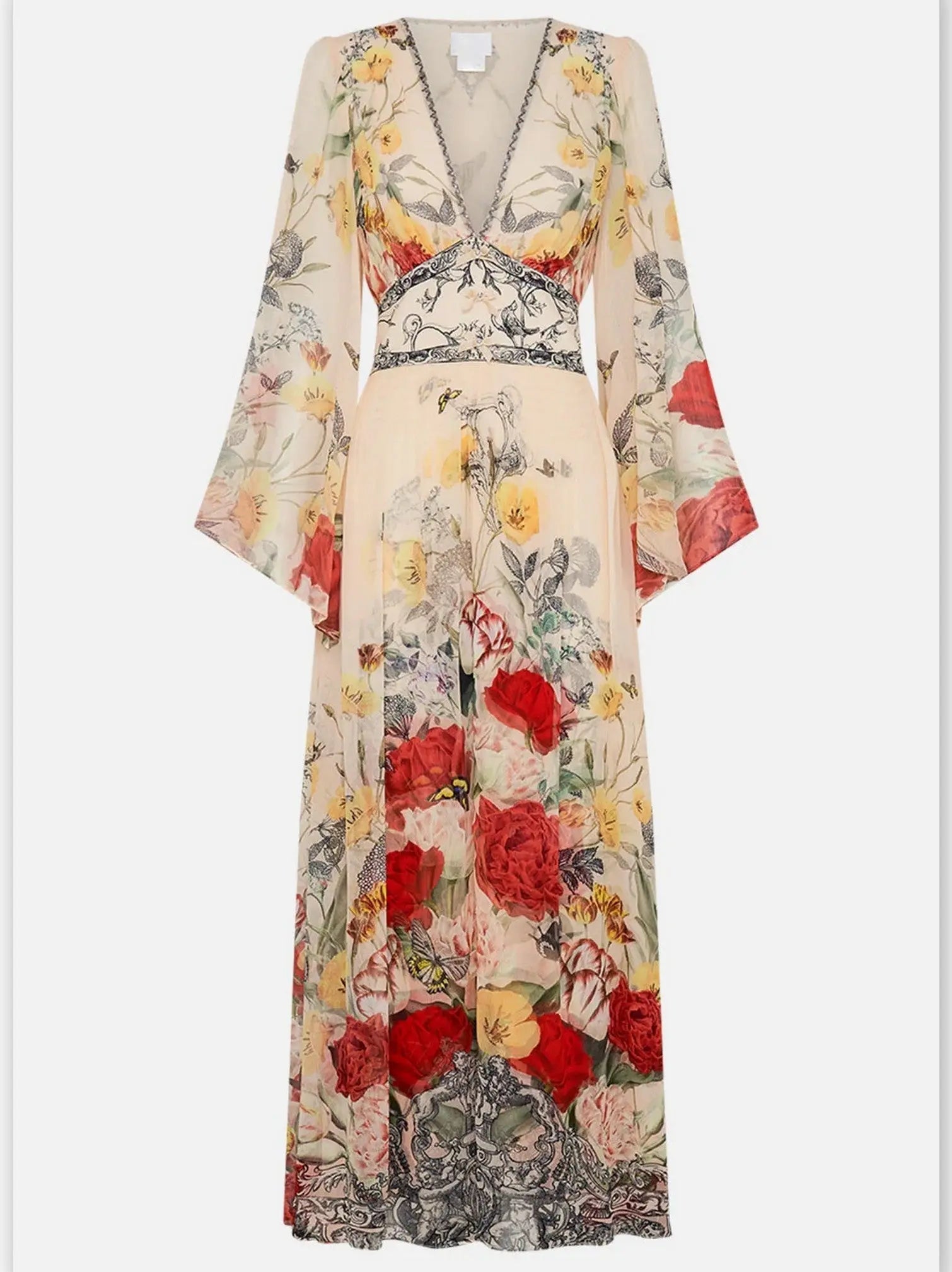 Floral-Print Long Flared Maxi Dress with Plunge V-Neck - Dresses