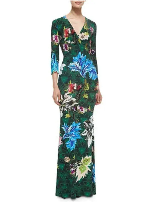 Floral Print Long Jersey Silk V-Neck Dress in Green - s - Dresses