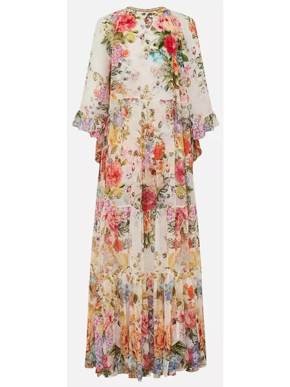 Floral-Print Long Silk Kaftan Dress - Dresses