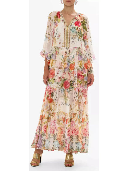 Floral-Print Long Silk Kaftan Dress - Dresses