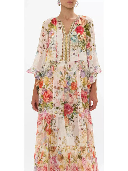 Floral-Print Long Silk Kaftan Dress - Dresses