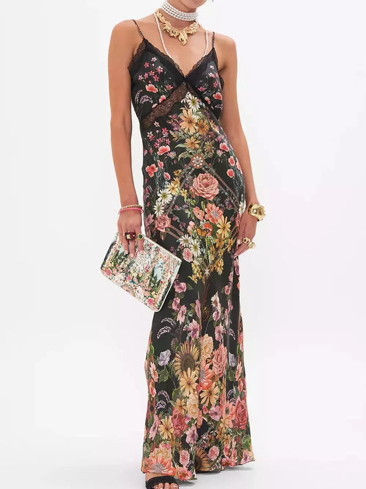 Floral Print Long Silk Slip Dress - S - Dresses