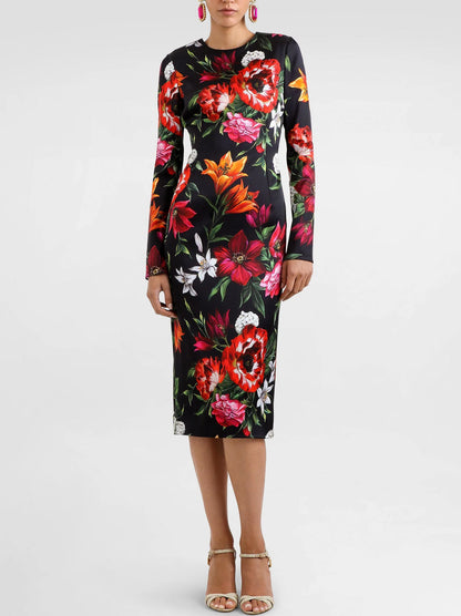 Floral Print Long-Sleeve Silk Midi Dress - Dresses