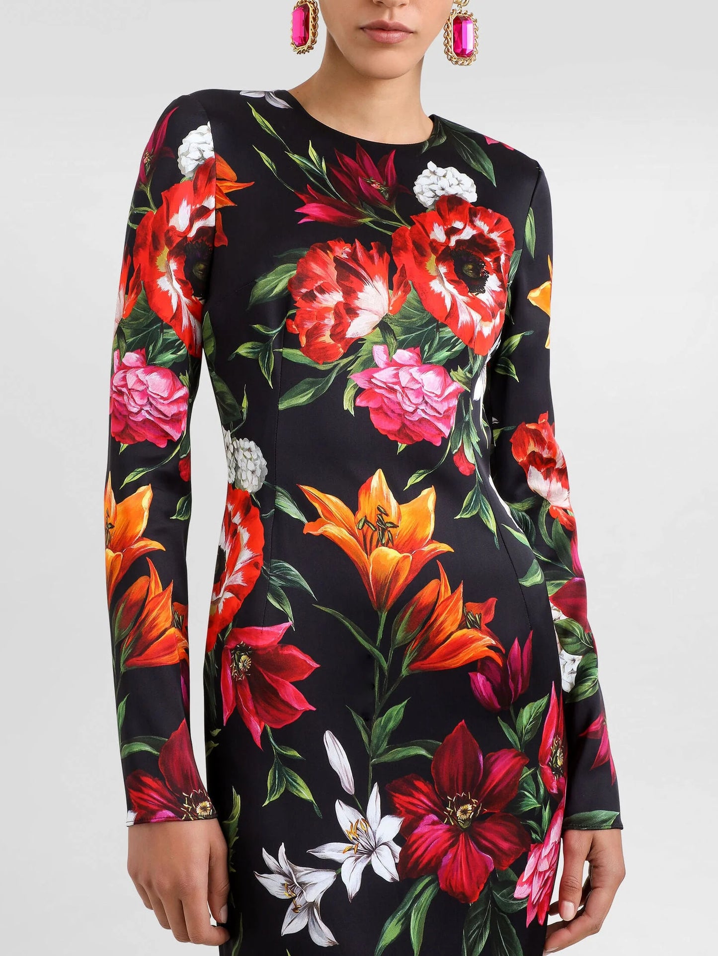 Floral Print Long-Sleeve Silk Midi Dress - Dresses