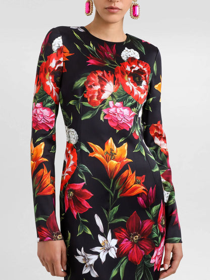 Floral Print Long-Sleeve Silk Midi Dress - Dresses