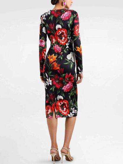 Floral Print Long-Sleeve Silk Midi Dress - Dresses