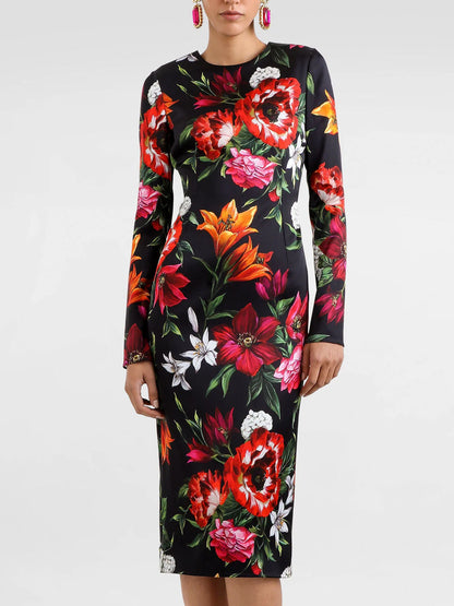 Floral Print Long-Sleeve Silk Midi Dress - Dresses