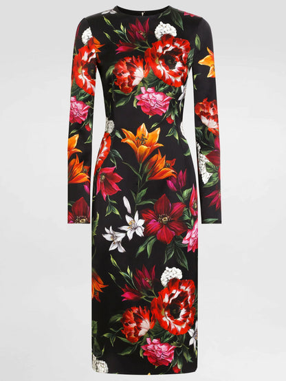 Floral Print Long-Sleeve Silk Midi Dress - S - Dresses