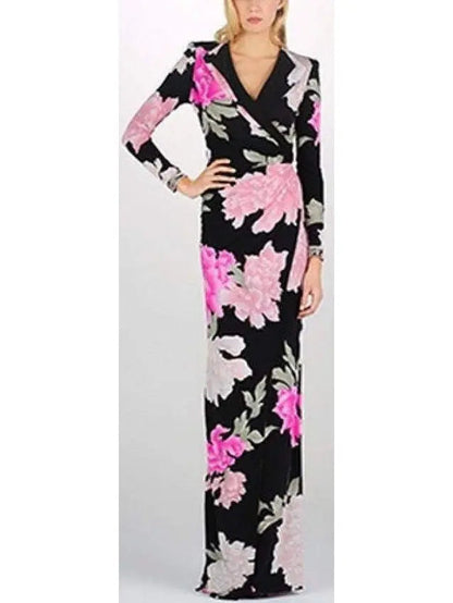 Floral Print Long Sleeve V-Neck Gown in Black - Dresses