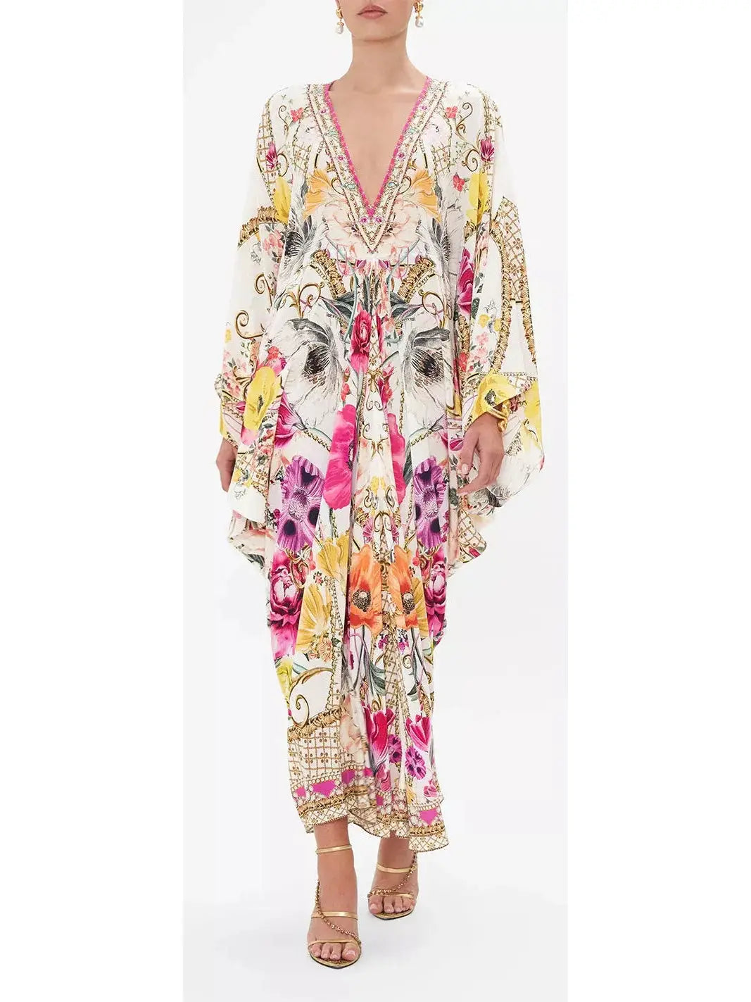 Floral Print Multicolor Long Silk Kaftan - Dresses