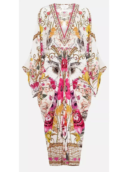 Floral Print Multicolor Long Silk Kaftan - Dresses