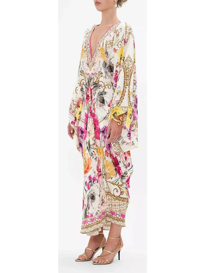 Floral Print Multicolor Long Silk Kaftan - Dresses