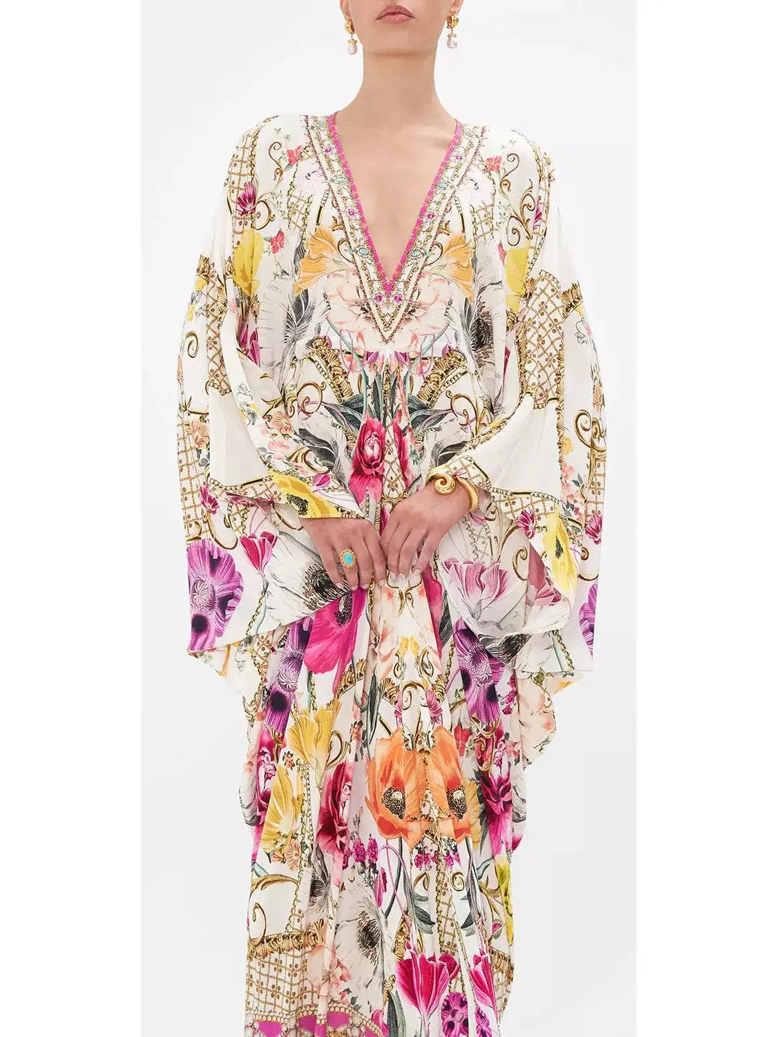 Floral Print Multicolor Long Silk Kaftan - Dresses