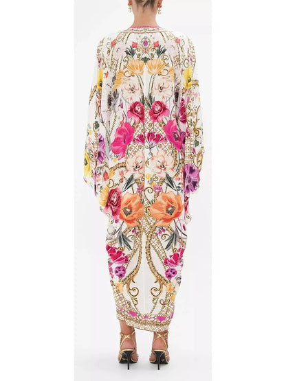 Floral Print Multicolor Long Silk Kaftan - Dresses