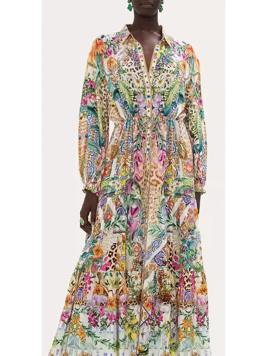 Floral Print Multicolor Silk Shirt Dress - Dresses