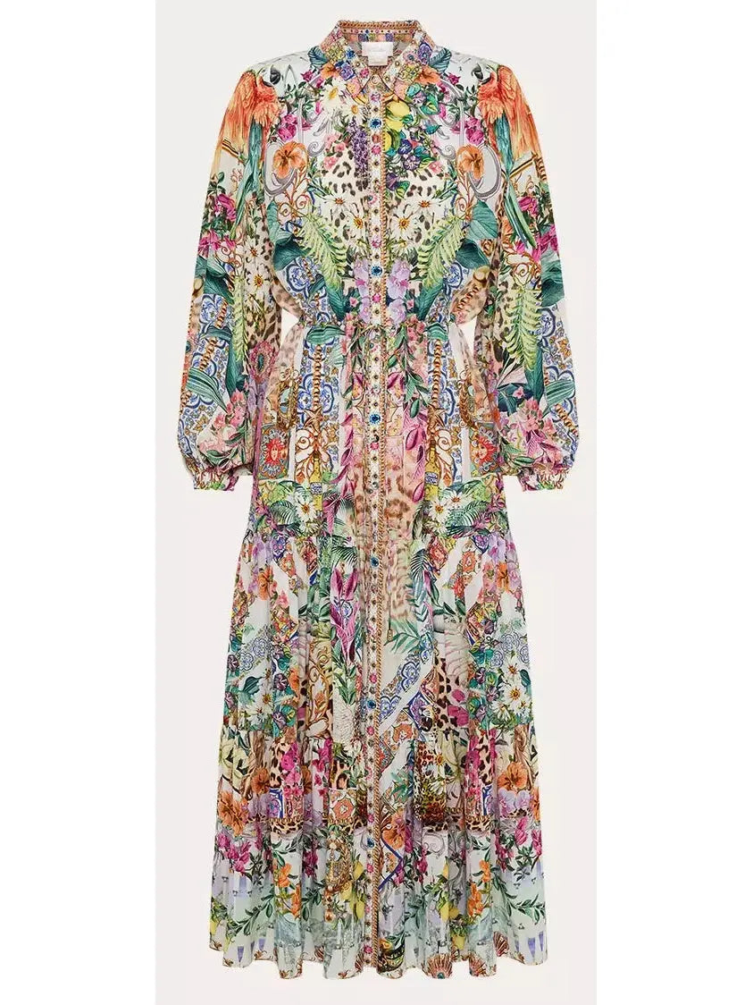 Floral Print Multicolor Silk Shirt Dress - Dresses