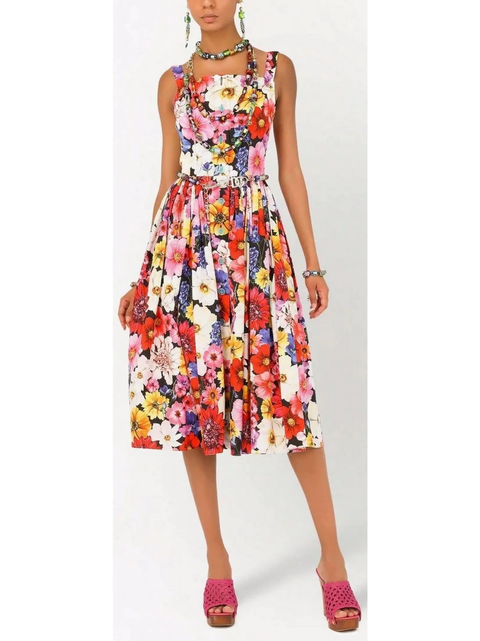 Floral-Print Multicolored Midi Dress - Dresses