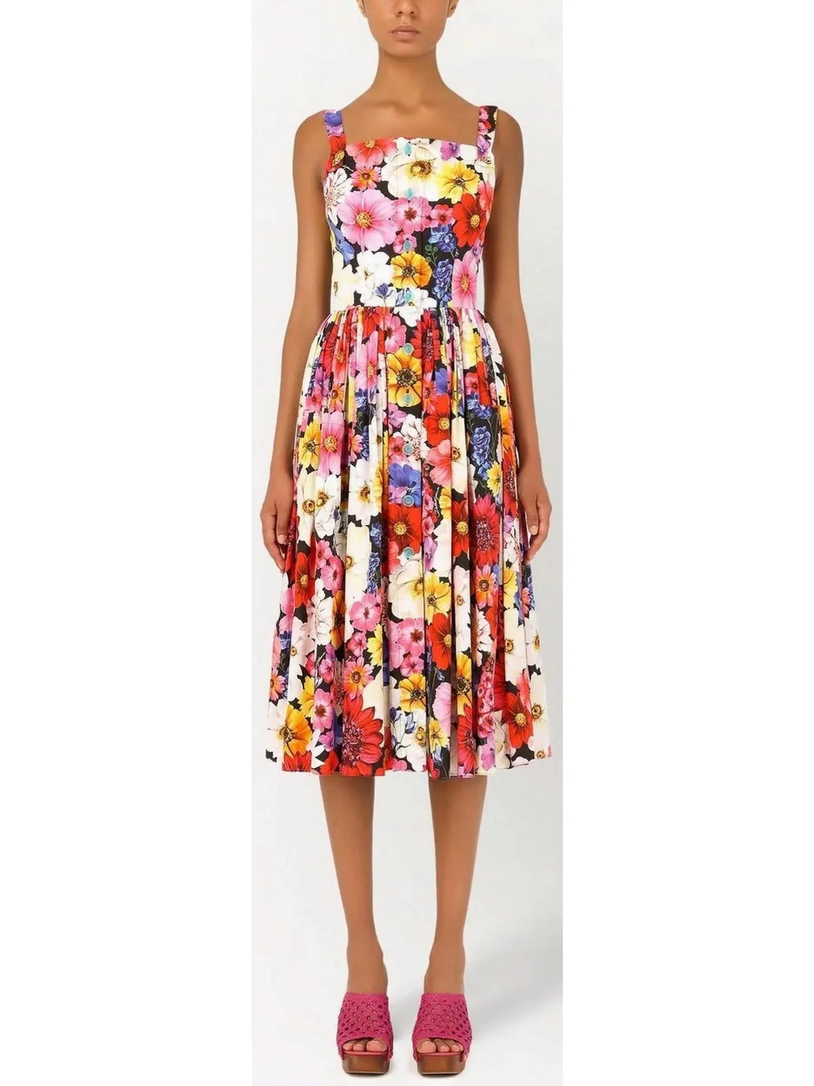 Floral-Print Multicolored Midi Dress - s - Dresses