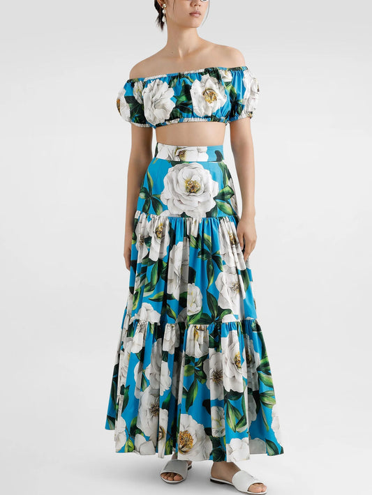 Floral Print Off-Shoulder Crop Top and Maxi Skirt Set - S - Suits & Sets