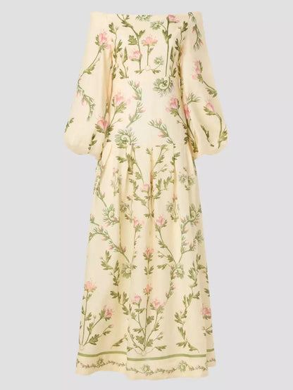 Floral Print Off-The-Shoulder Linen Maxi Dress showcasing a vibrant floral pattern