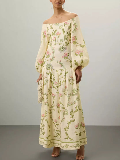 Floral Print Off-The-Shoulder Linen Maxi Dress showcased on a model outdoors