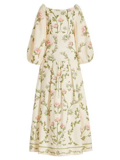 Floral-patterned long-sleeved dress featuring floral print off-the-shoulder style