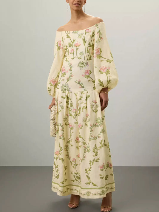 Floral Print Off-The-Shoulder Linen Maxi Dress with vibrant patterns and elegant design