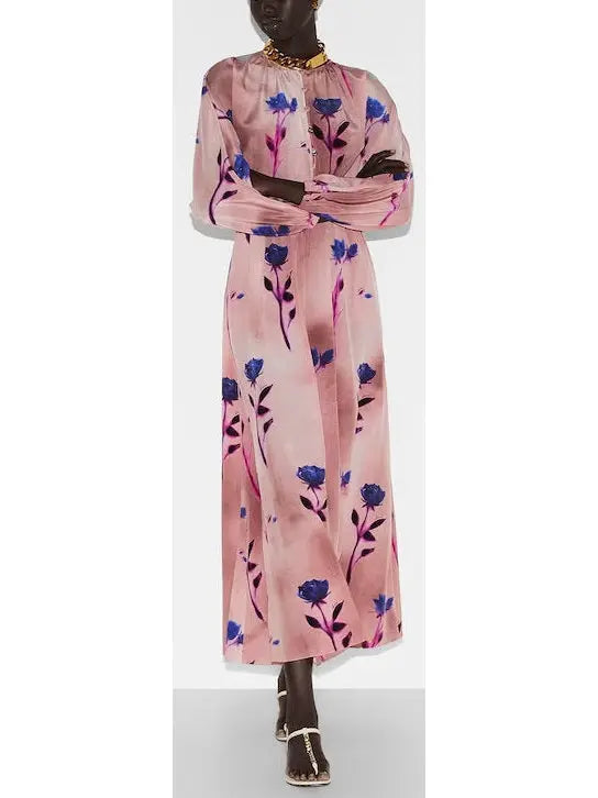 Floral Print Pink Silk Crêpe De Chine Dress - Dresses