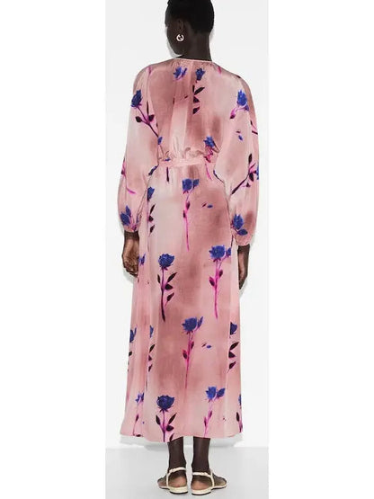 Floral Print Pink Silk Crêpe De Chine Dress - Dresses