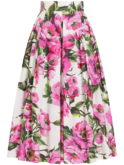 Floral Print Pleated Cotton Midi Skirt - Skirts