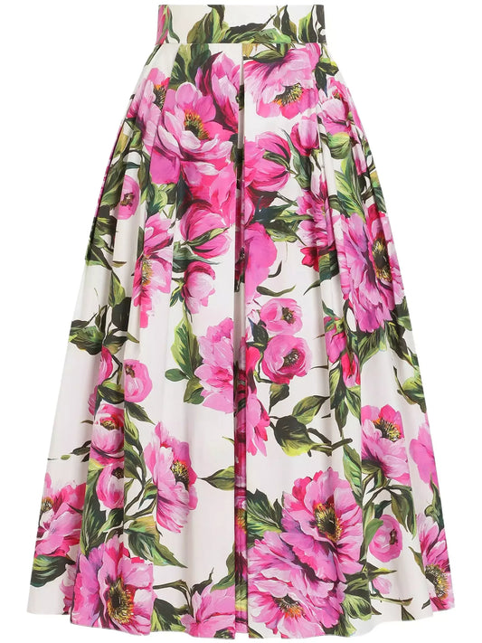 Floral Print Pleated Cotton Midi Skirt - Skirts