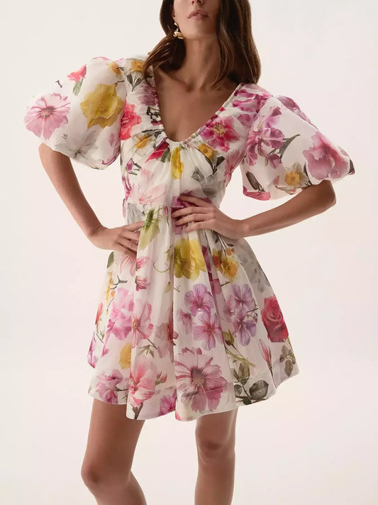 Floral Print Ruched Detail Fit and Flare Mini Dress - Dresses