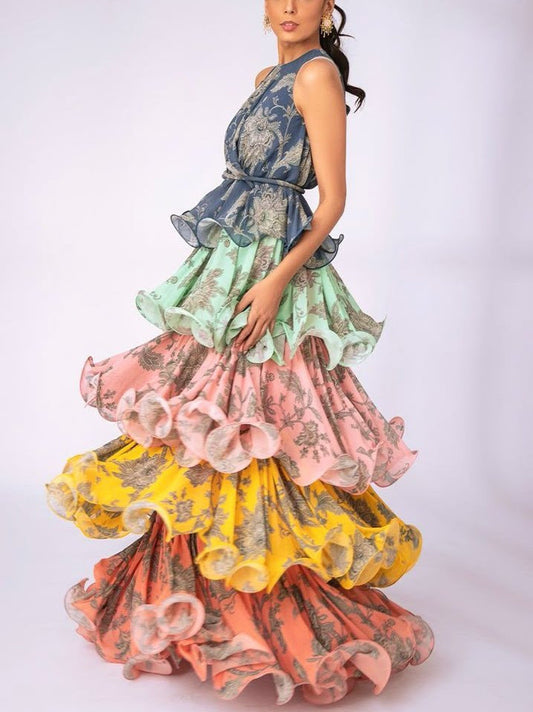 Floral Print Ruffle Layered Tiered Sleeveless Maxi Dress - Dresses