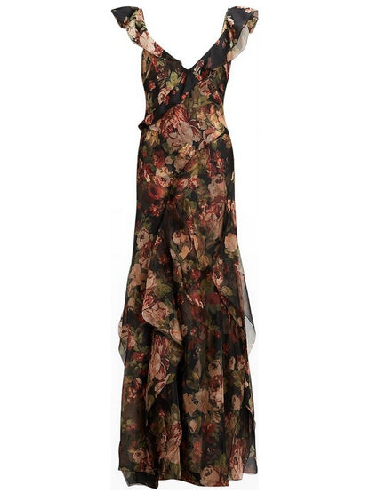 Floral Print Ruffled V-Neck Silk Maxi Dress - Dresses