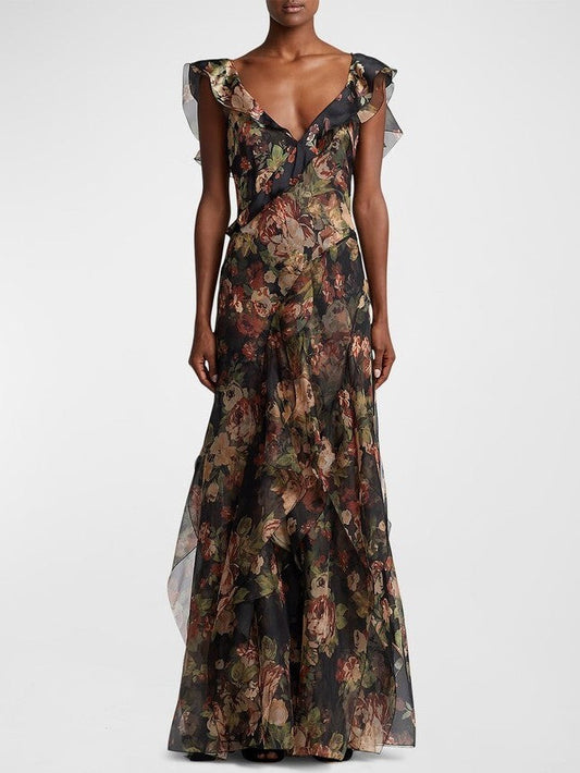 Floral Print Ruffled V-Neck Silk Maxi Dress - Dresses