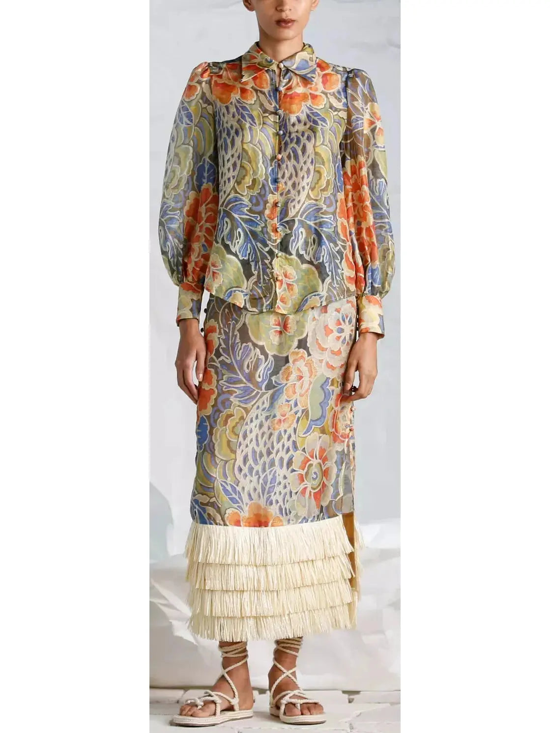 Floral Print Silk and Linen Blouse and Fringed-Hem Skirt Set - Suits & Sets