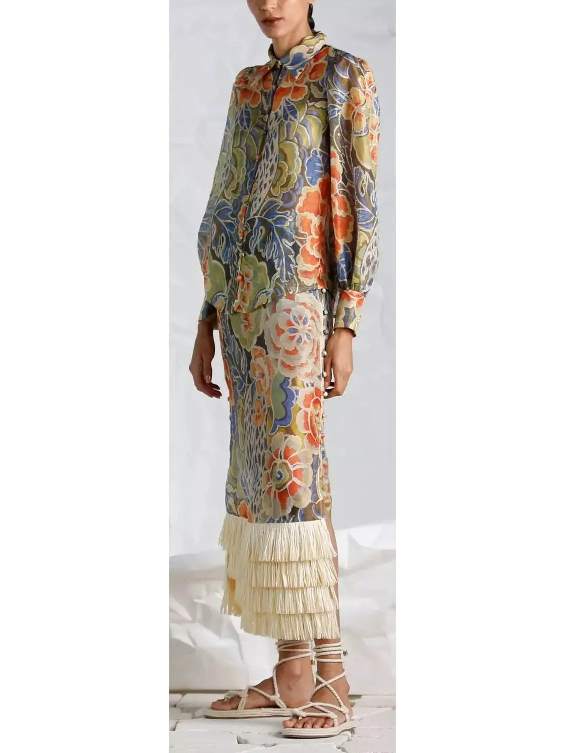 Floral Print Silk and Linen Blouse and Fringed-Hem Skirt Set - Suits & Sets