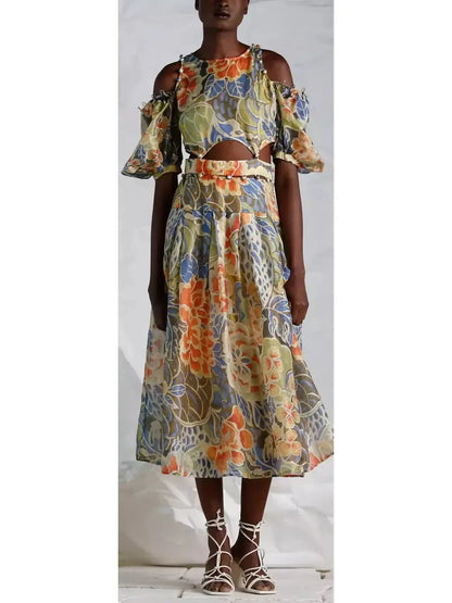 Floral Print Silk and Linen Detachable Midi Dress - Dresses