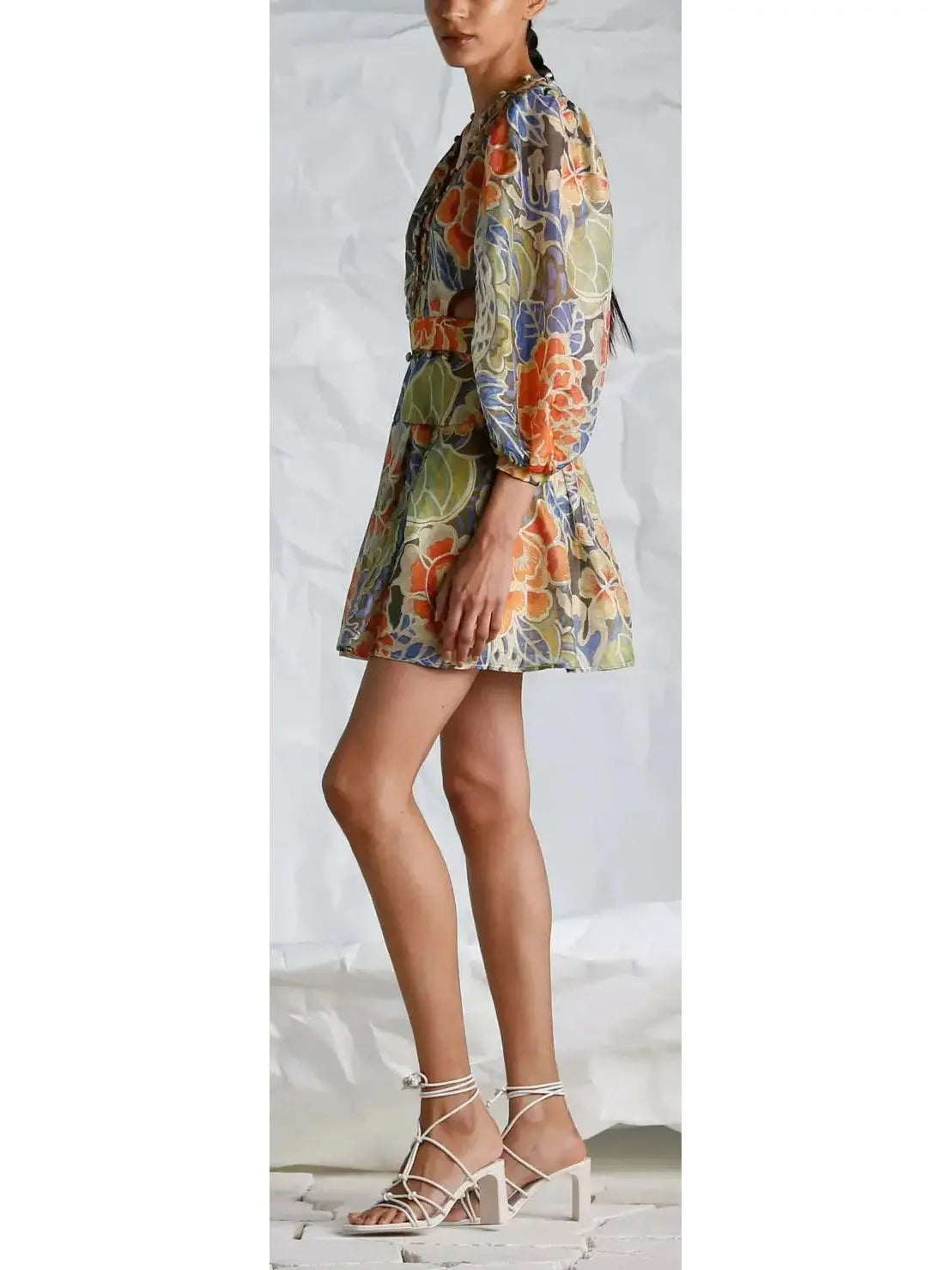 Floral Print Silk and Linen Subtle Cut-Out Mini Dress - Dresses